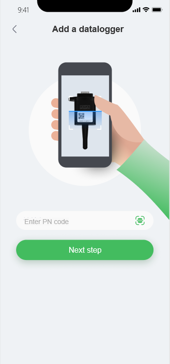 Mobile app screen for adding a datalogger by PN or QR code