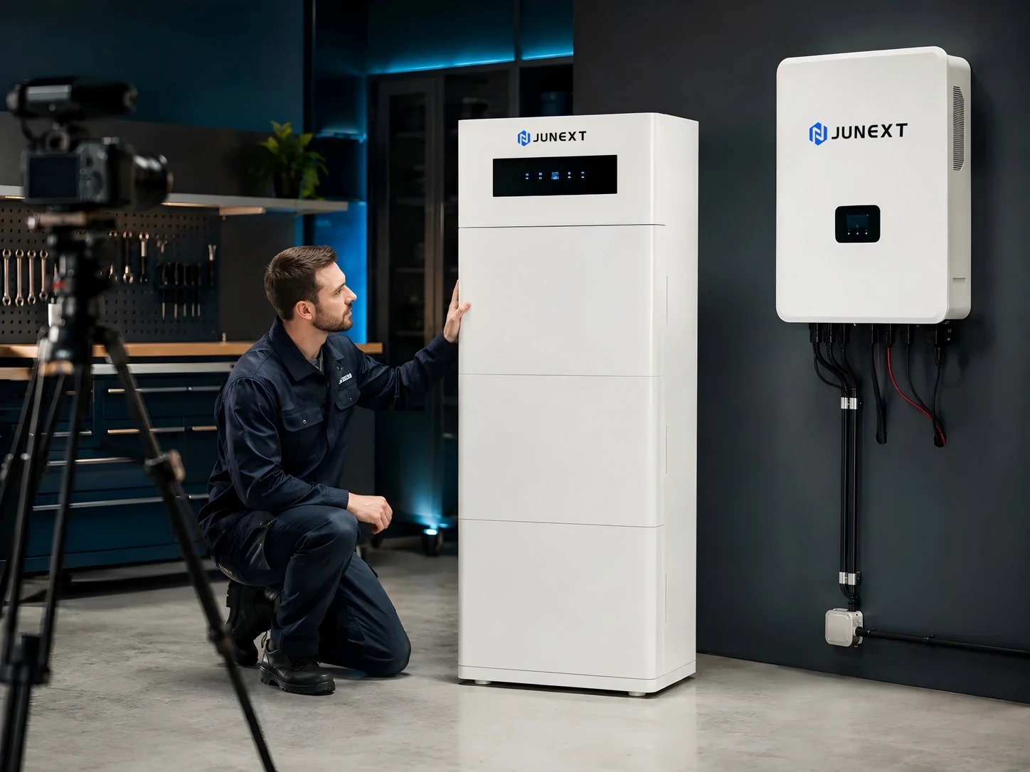 Illustrative studio scene of a technician checking JUNEXT-branded residential battery and inverter equipment